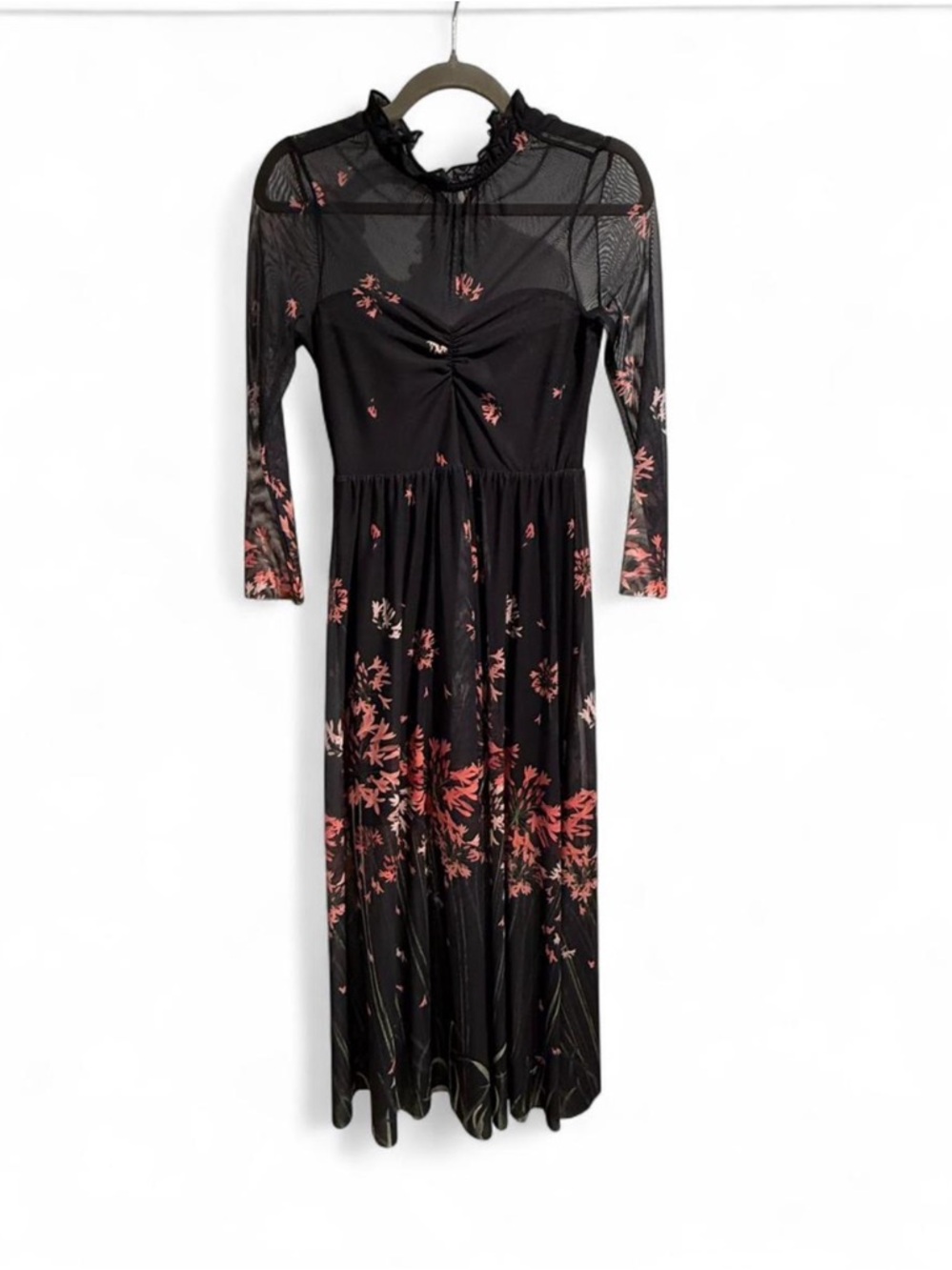 Ted Baker London Black Mesh Midi Dress with Pink Floral Print